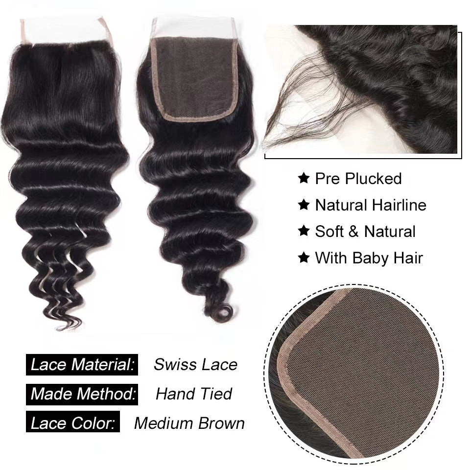 Loose Deep Wave Natural Color Remy Human Hair 3 Bundles With 4*4 Lace Closure