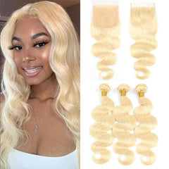 Blonde Color 3 Bundles With 4*4  Lace Closure Body Wave Remy Human Hair