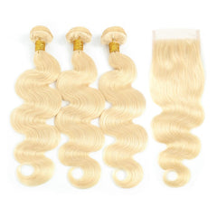 Blonde Color 3 Bundles With 4*4  Lace Closure Body Wave Remy Human Hair