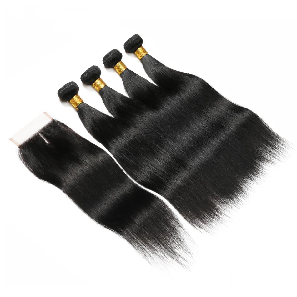 Straight Remy Human Hair 4 Bundles With 4x4 Lace Closure