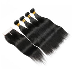 Straight Remy Human Hair 4 Bundles With 4x4 Lace Closure