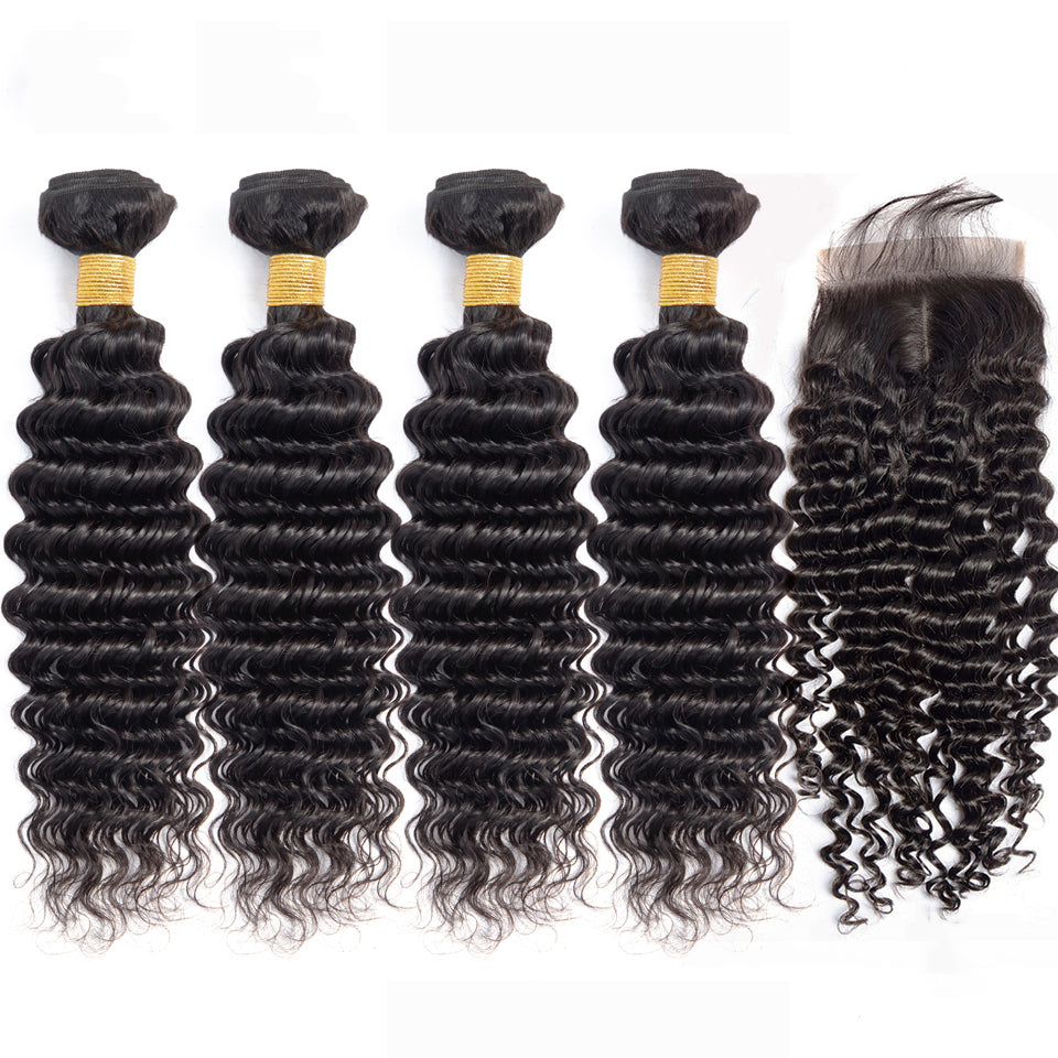 Deep Wave Remy Human Hair 4 Bundles With 4*4 Lace Closure