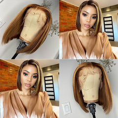 Ronashow Highlight Human Hair Bob Wig Ombre 4/27 Color 13*4 Lace Frontal Wig