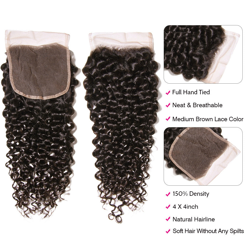 Kinky Curly Natural Color Remy Human Hair 4 Bundles With 4*4 Lace Closure