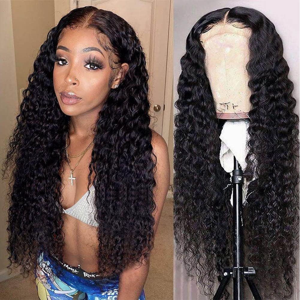 Deep Wave Glueless Pre-Cut 4*4 Lace Closure Wig Human Hair Natural Color Wig