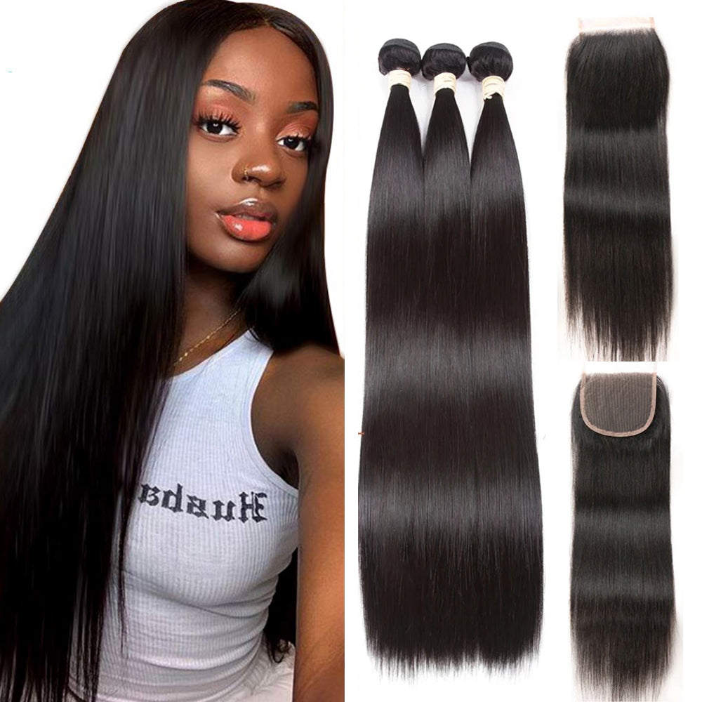 Straight Remy Human Hair Extensions 3 Bundles With 4x4 Lace Closure