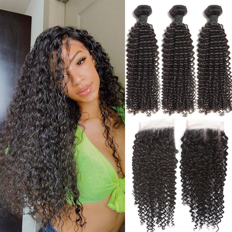 Kinky Curly Remy Human Hair 3 Bundles With 4*4 Lace Closure