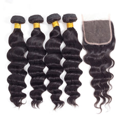 Loose Deep Wave 4 Bundles Remy Human Hair With 4*4 Lace Closure Natural Color