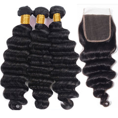 Loose Deep Wave Natural Color Remy Human Hair 3 Bundles With 4*4 Lace Closure