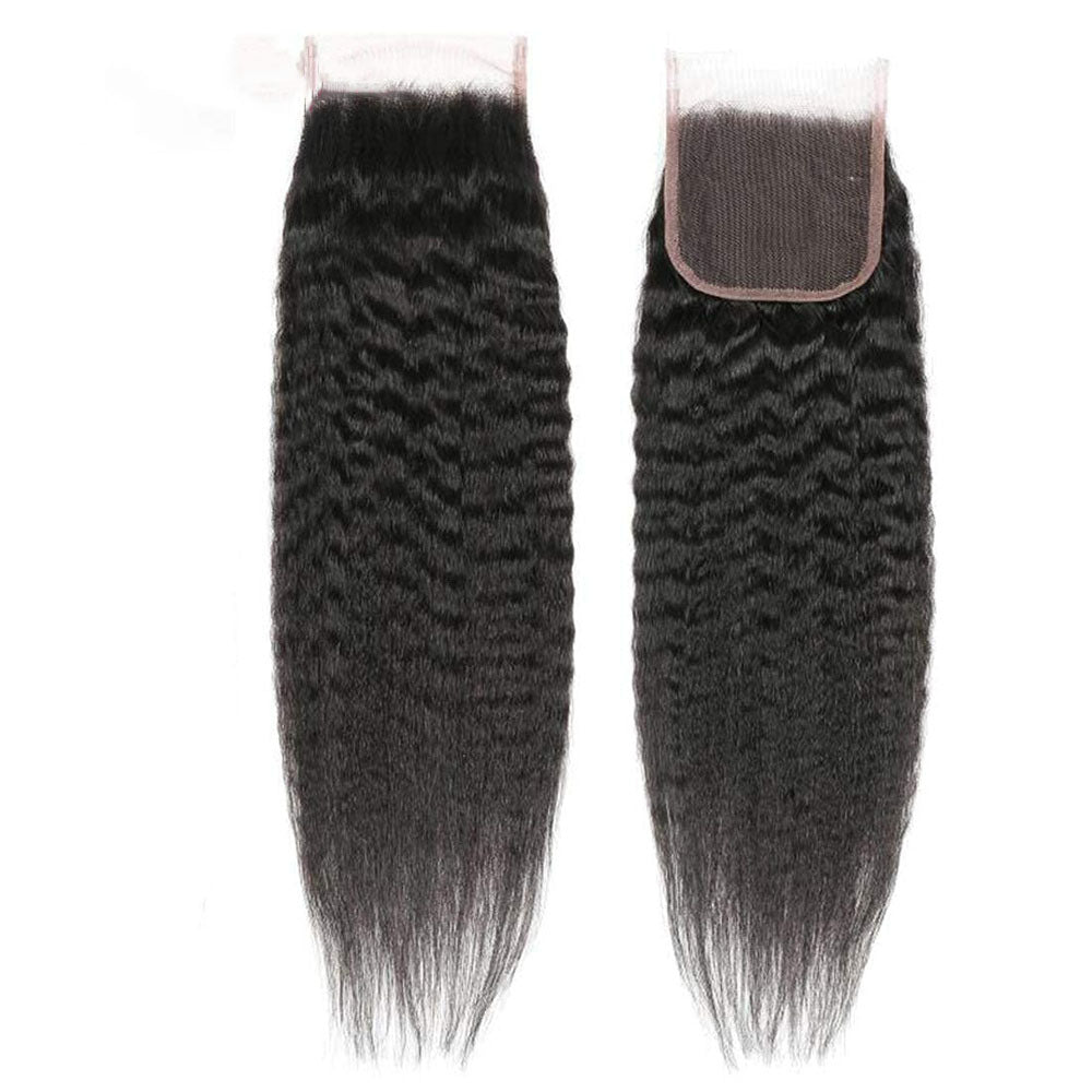 Kinky Straight Remy Human Hair 4 Bundles With 4*4 Lace Closure Natural Color