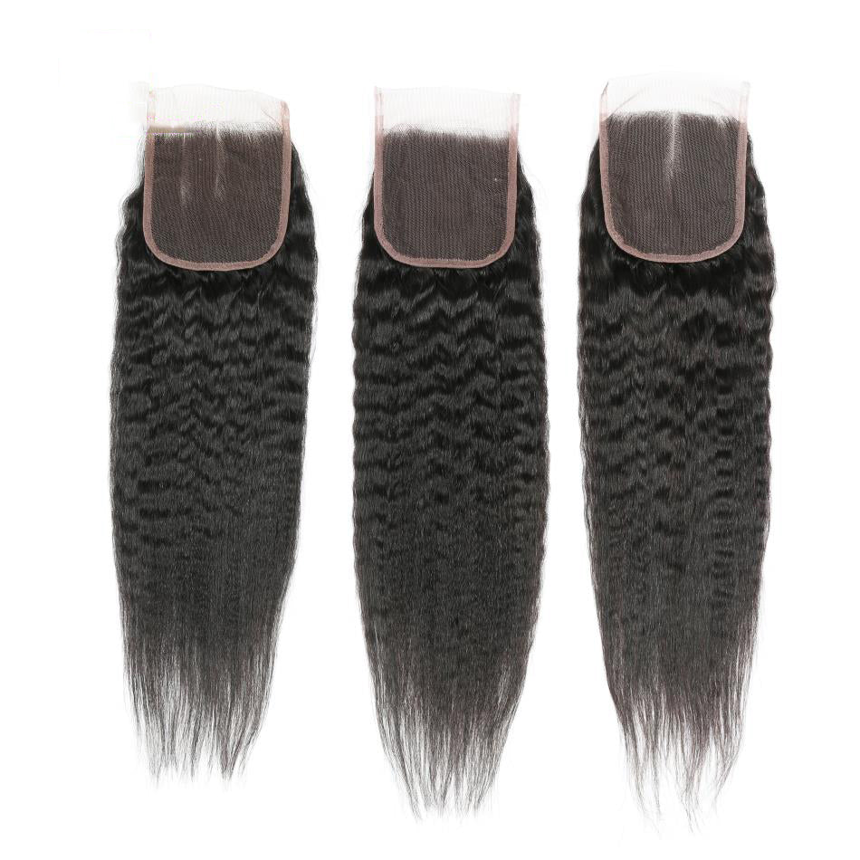 Kinky Straight Remy Human Hair 3 Bundles With 4*4 Lace Closure Natural Color