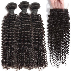 Kinky Curly Remy Human Hair 3 Bundles With 4*4 Lace Closure