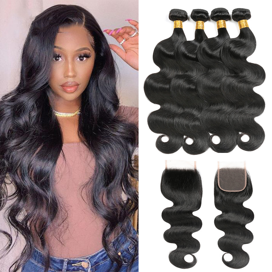 Body Wave Remy Human Hair 4 Bundles With 4*4 Lace Closure