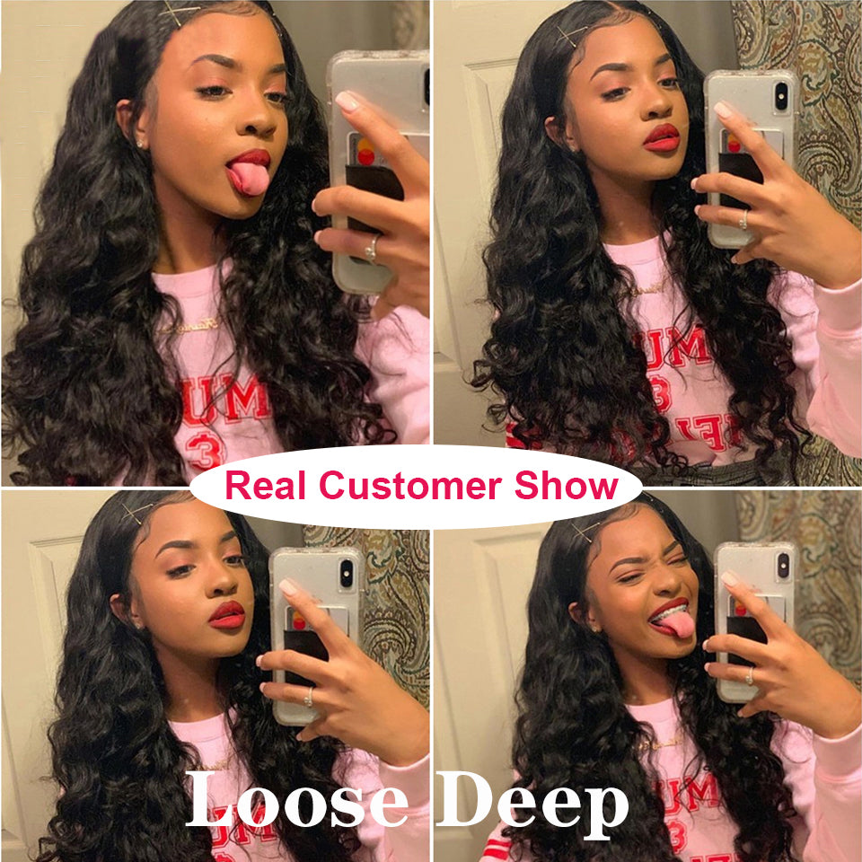 Ronashow 13*4 Lace Frontal Wig Loose Deep Wave Natural Color Human Hair Wig