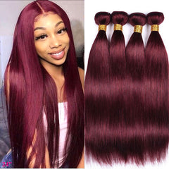 99J Burgundy Color Straight Remy Human Hair 4 Bundles