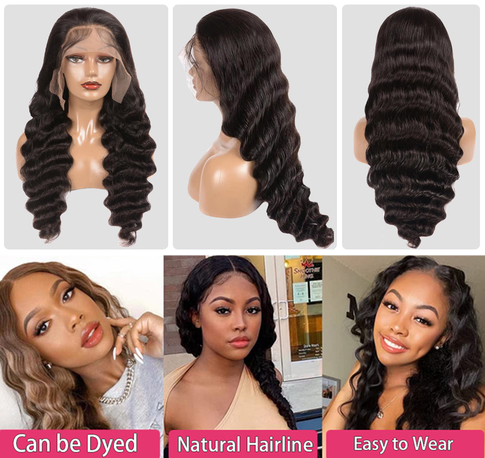 Ronashow 13*4 Lace Frontal Wig Loose Deep Wave Natural Color Human Hair Wig