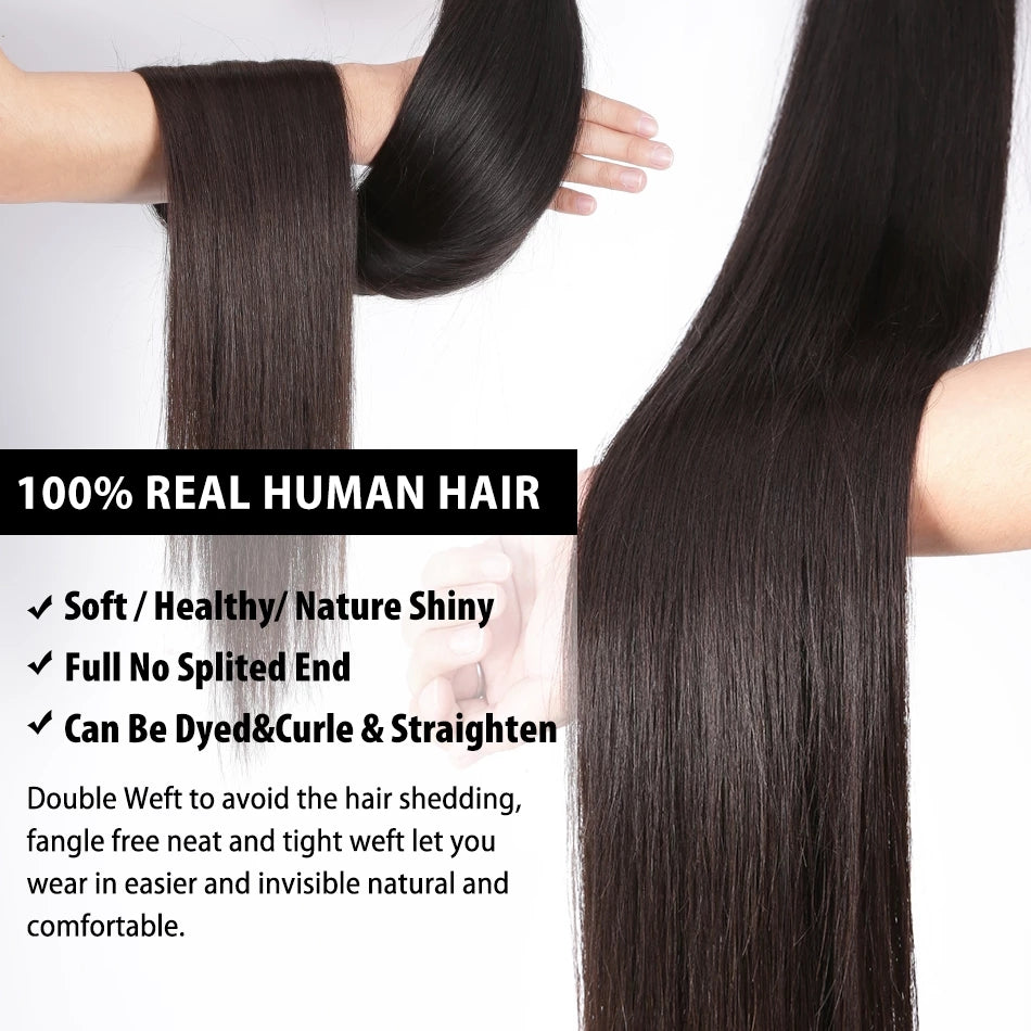 Straight Remy Human Hair Extensions 3 Bundles With 4x4 Lace Closure