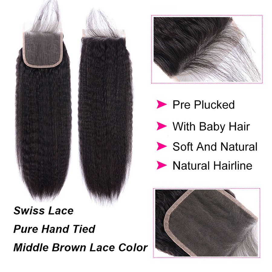 Kinky Straight Remy Human Hair 3 Bundles With 4*4 Lace Closure Natural Color