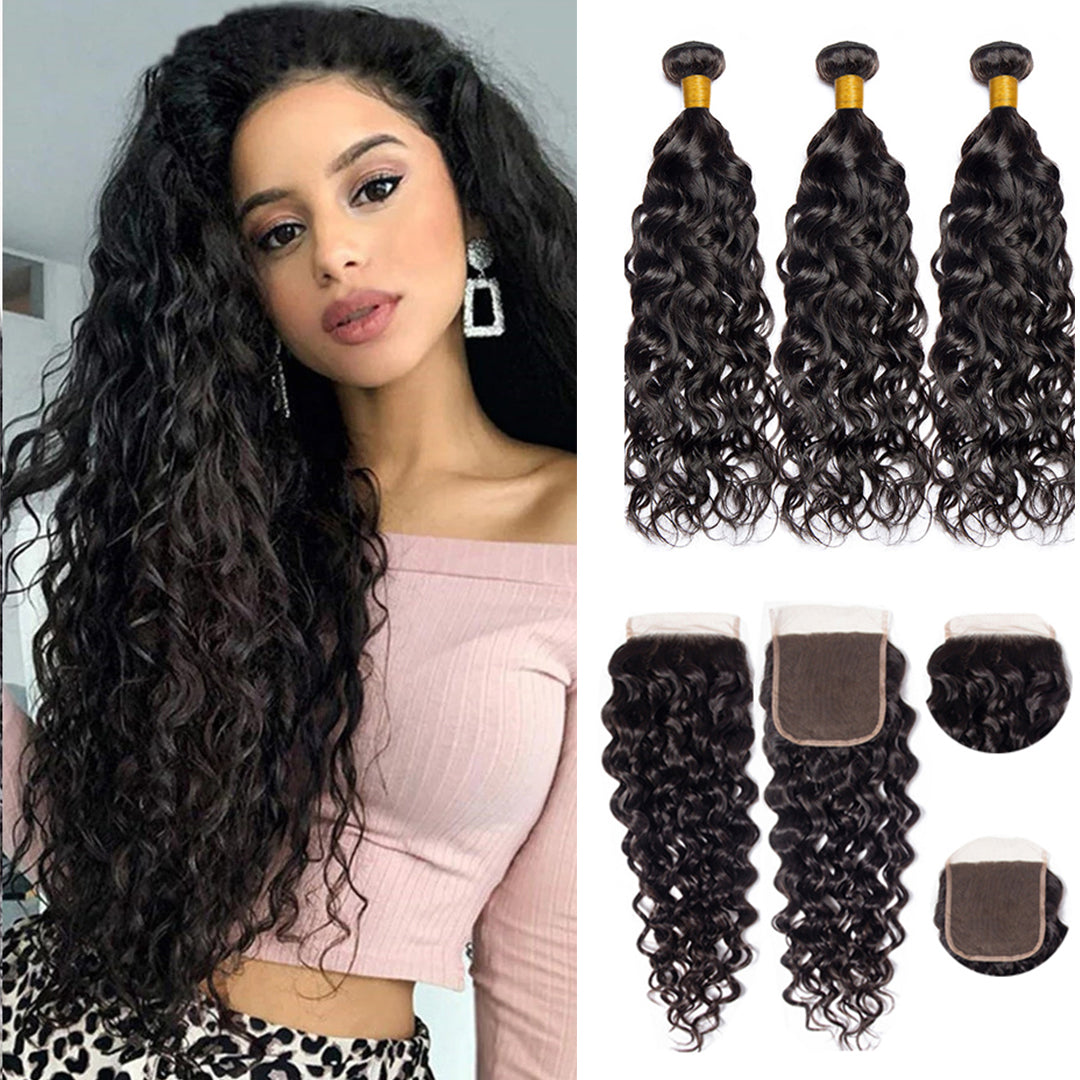 Water Wave Remy Human Hair 3 Bundles With 4*4 Lace Closure