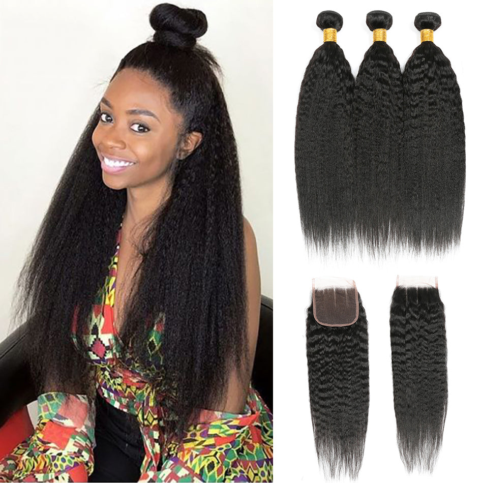 Kinky Straight Remy Human Hair 3 Bundles With 4*4 Lace Closure Natural Color