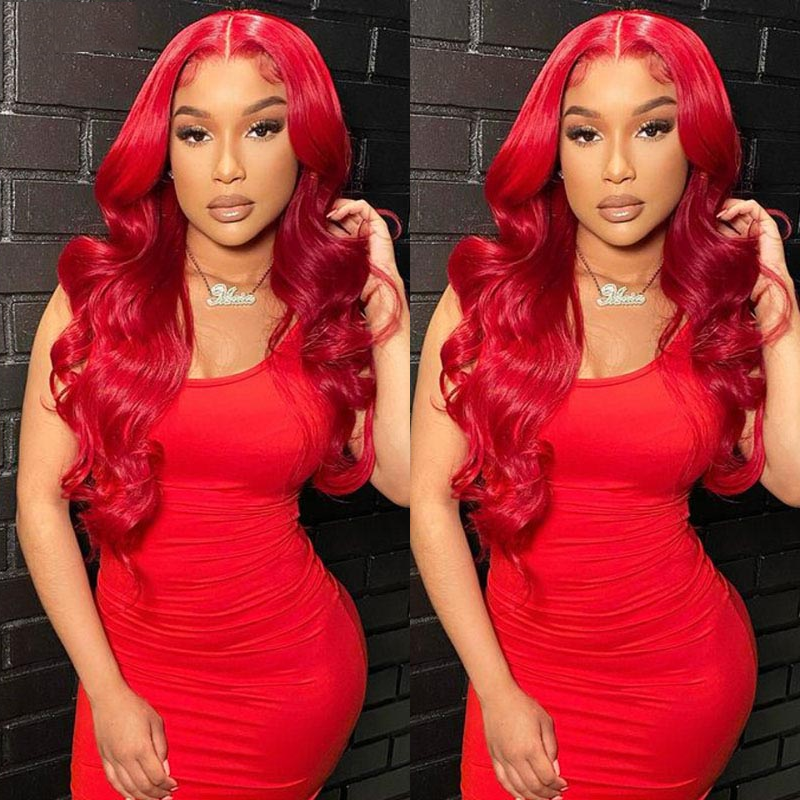 Ronashow Red Color Body Wave 13x4 Lace Front Wig