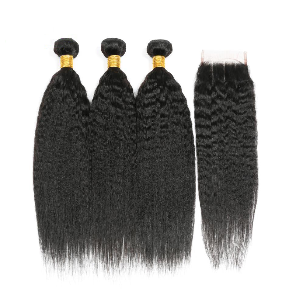 Kinky Straight Remy Human Hair 3 Bundles With 4*4 Lace Closure Natural Color