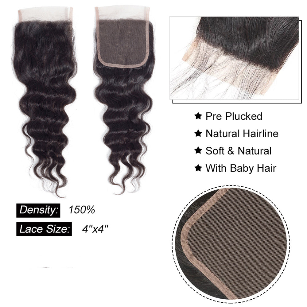 Loose Deep Wave 4 Bundles Remy Human Hair With 4*4 Lace Closure Natural Color