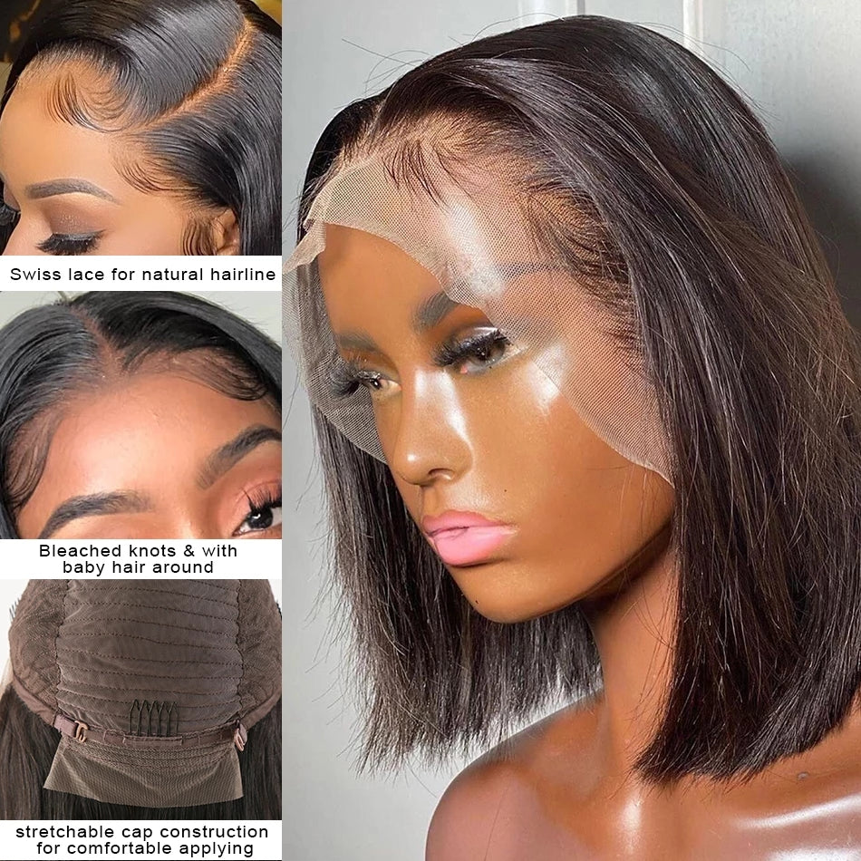 Ronashow Short Bob Wig Bone Straight 13*4 Lace Frontal Wig Natural Color