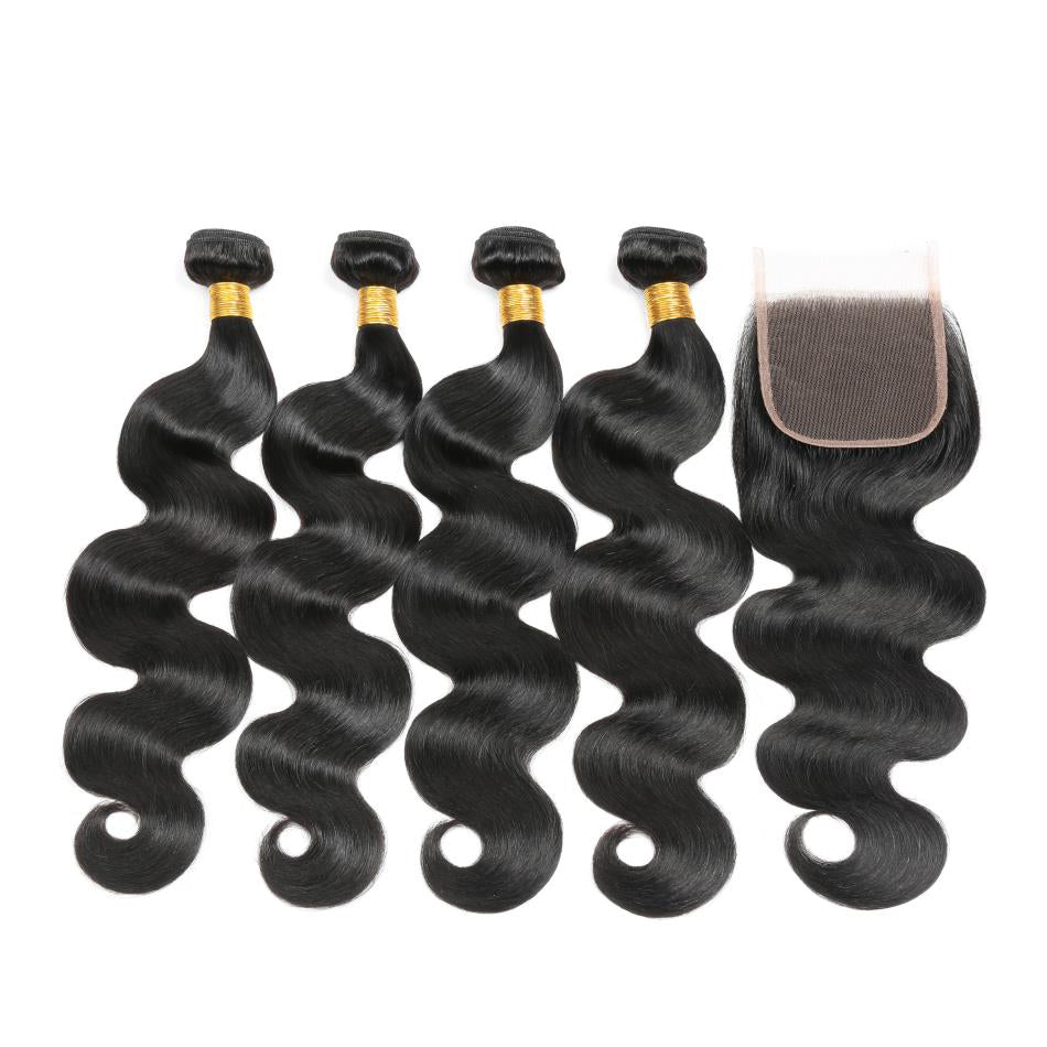 Body Wave Remy Human Hair 4 Bundles With 4*4 Lace Closure