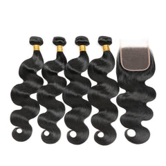 Body Wave Remy Human Hair 4 Bundles With 4*4 Lace Closure