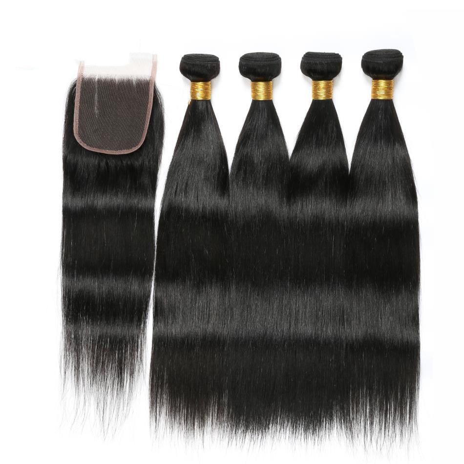 Straight Remy Human Hair 4 Bundles With 4x4 Lace Closure