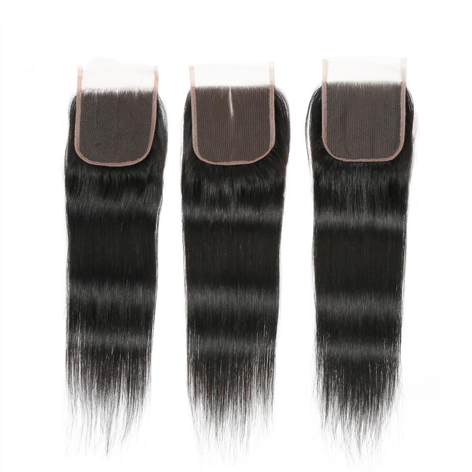 Straight Remy Human Hair 4 Bundles With 4x4 Lace Closure