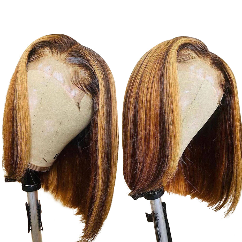 Ronashow Highlight Human Hair Bob Wig Ombre 4/27 Color 13*4 Lace Frontal Wig