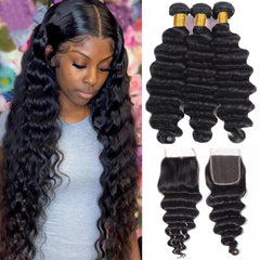 Loose Deep Wave Natural Color Remy Human Hair 3 Bundles With 4*4 Lace Closure