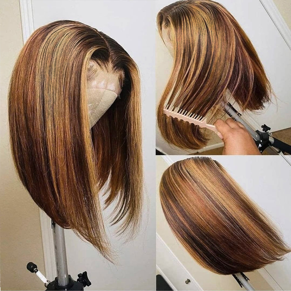 Ronashow Highlight Human Hair Bob Wig Ombre 4/27 Color 13*4 Lace Frontal Wig