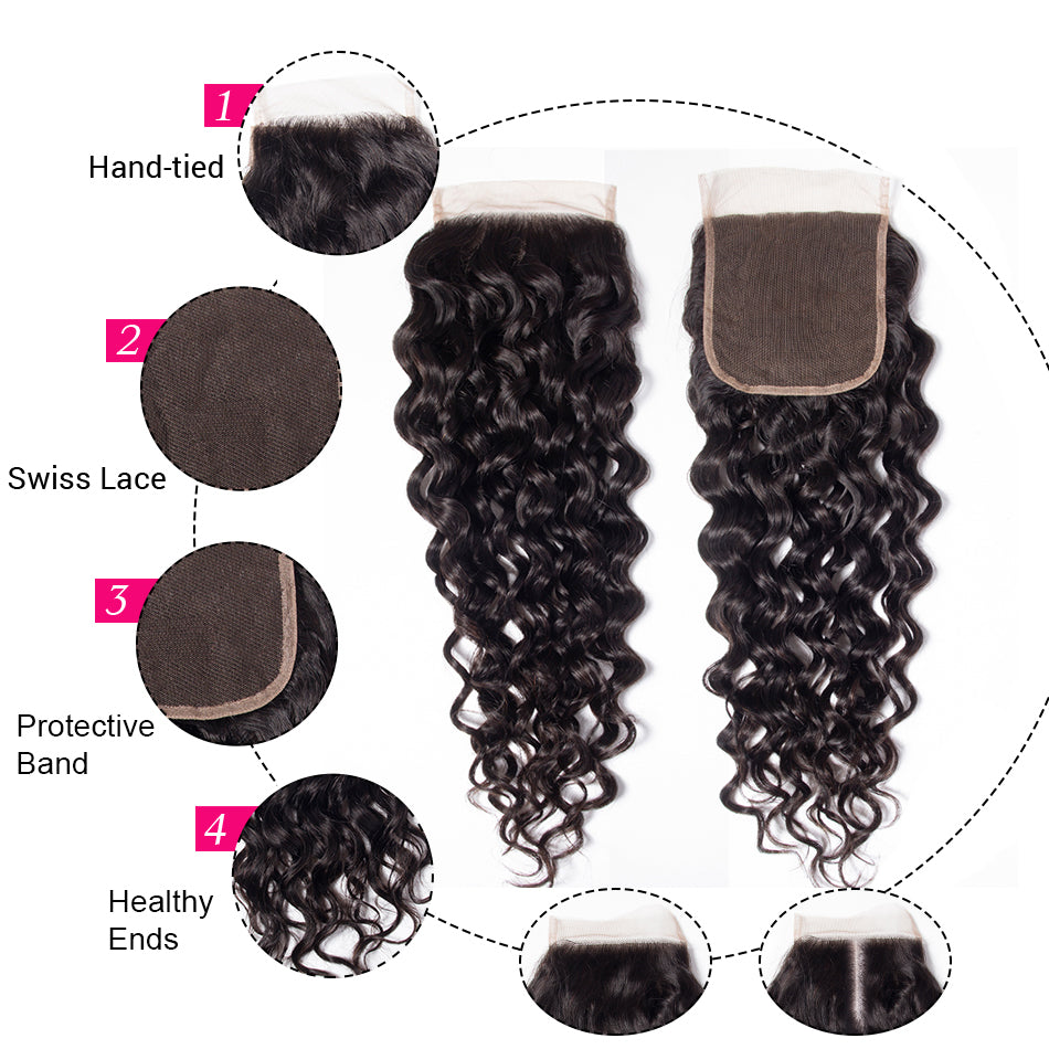 Water Wave Remy Human Hair 3 Bundles With 4*4 Lace Closure