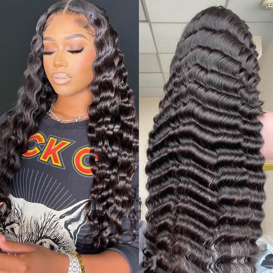 Ronashow Glueless Pre-Cut Loose Deep Wave 4*4 Lace Closure Human Hair Wig Natural Color