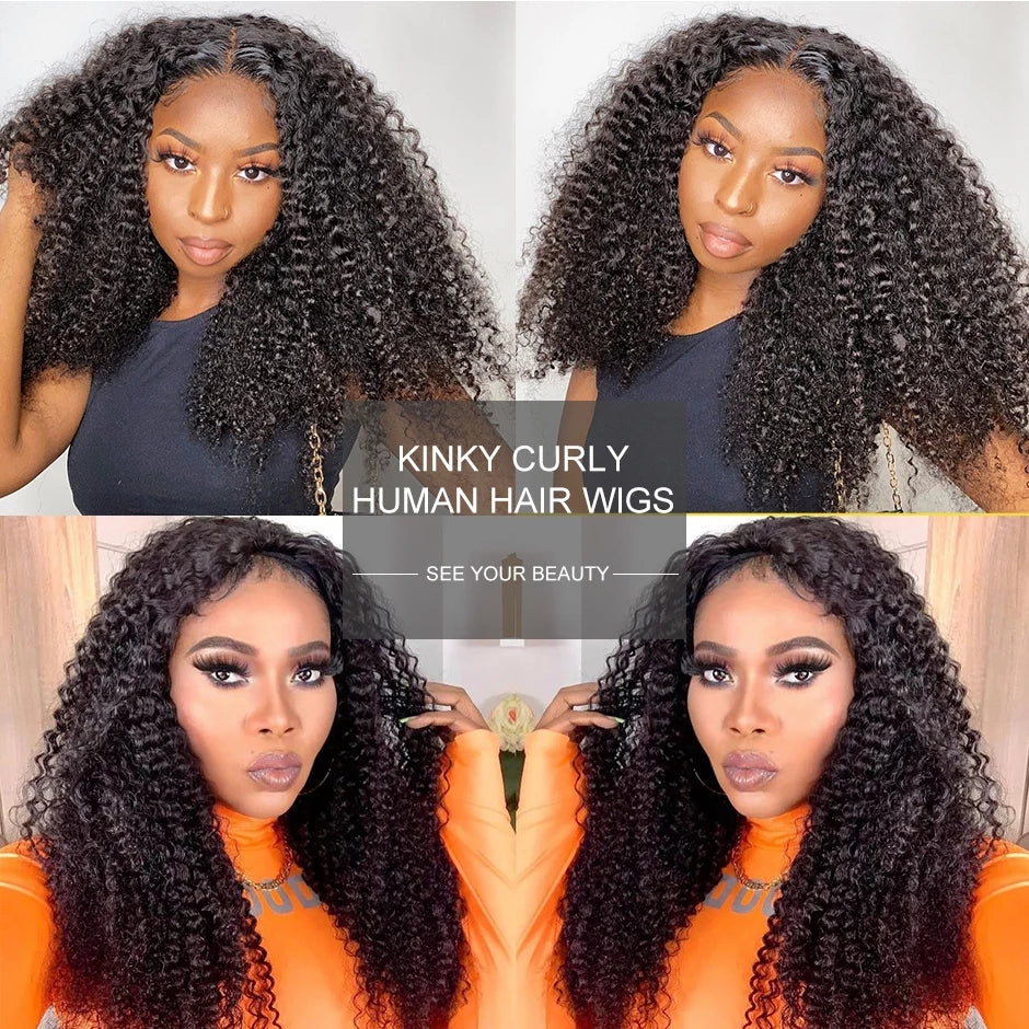 Ronashow Glueless Kinky Curly 4*4 Lace Closure Wig Natural Color Human Hair Pre-Cut Wig