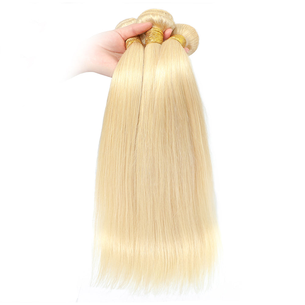 Blonde Color 3 Bundles With 4*4  Lace Closure Straight Remy Human Hair