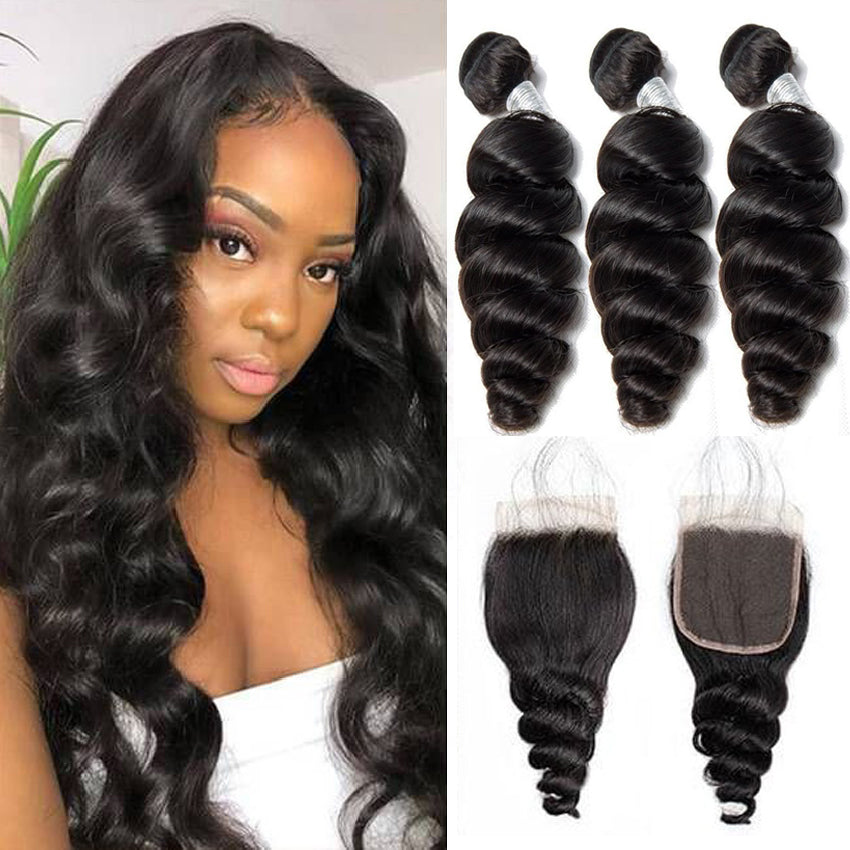 Loose Wave Remy Human Hair 3 Bundles With 4*4 Lace Closure