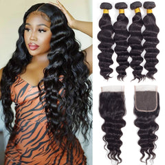 Loose Deep Wave 4 Bundles Remy Human Hair With 4*4 Lace Closure Natural Color