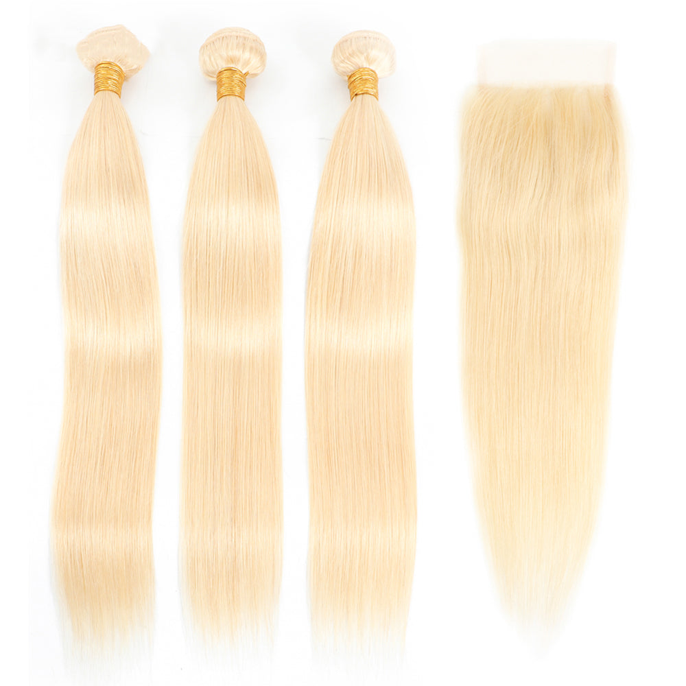 Blonde Color 3 Bundles With 4*4  Lace Closure Straight Remy Human Hair