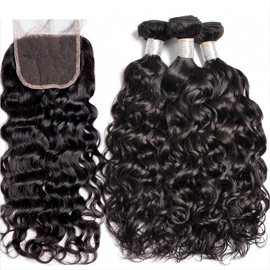 Water Wave Remy Human Hair 4 Bundles With 4*4 Lace Closure