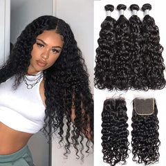 Water Wave Remy Human Hair 4 Bundles With 4*4 Lace Closure